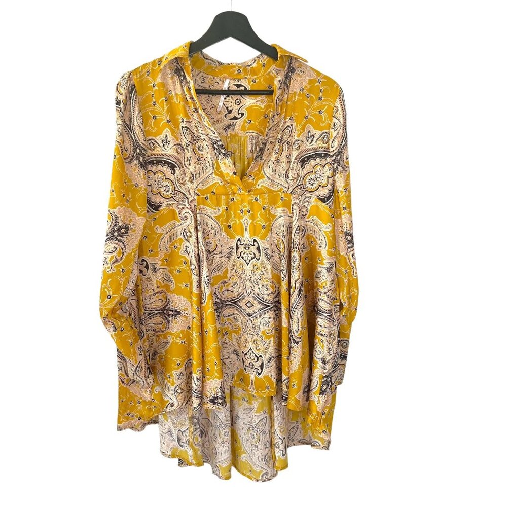 Free People Yellow Field of Butterflies Long Sleeve V Neck High Low Top XS